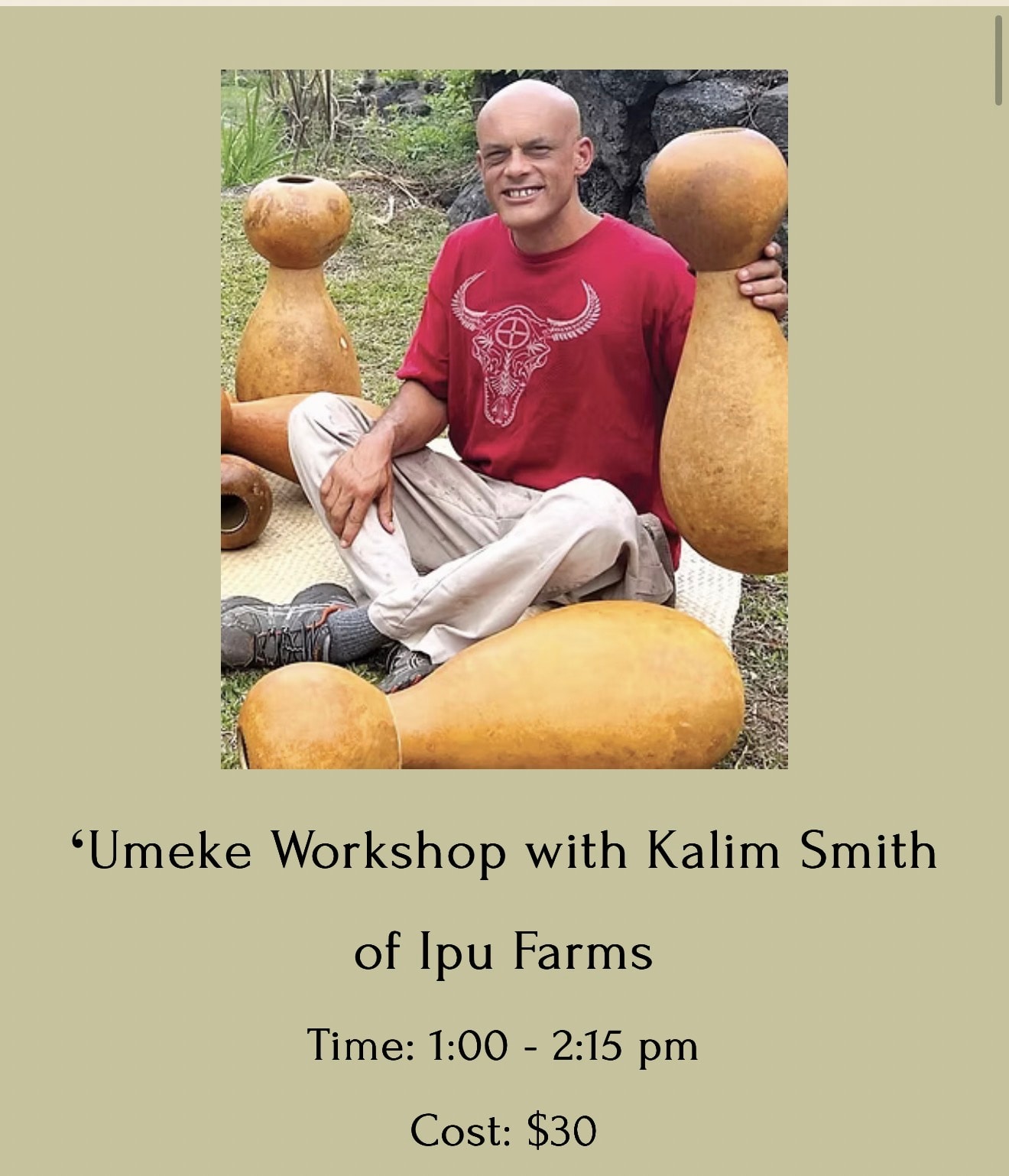 Kalim Smith of Ipu Farms leading an ʻumeke workshop at the Hawaiʻi Kuauli Festival 2026