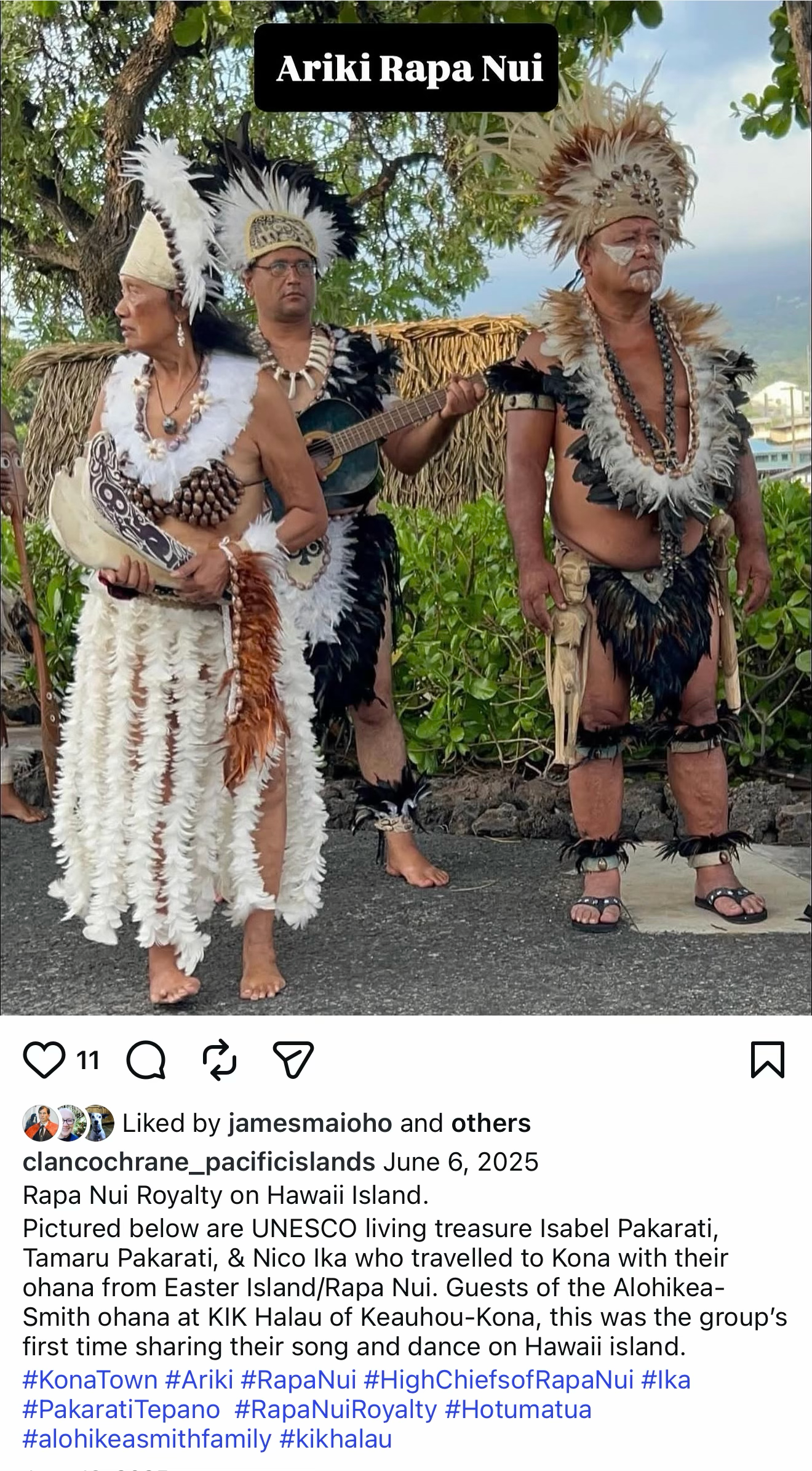 Rapa Nui visitors Isabel Pakarati, Tamaru Pakarati, and Nico Ika at the Hawaiʻi Kuauli Festival in Kona